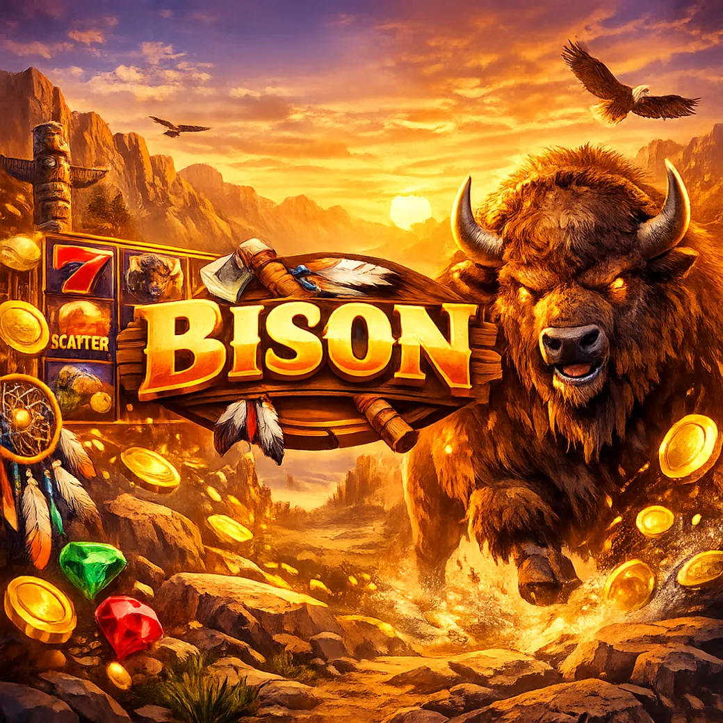 Dynamic promotional image for Bison Casino with vibrant colors, casino elements, and premium atmosphere.